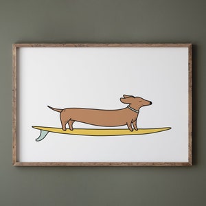 Wiener dog surfing, Funny animal poster, Colorful longboard art, Cartoon drawing, Nursery, Kids room decor, Beach wall art, DIGITAL DOWNLOAD image 3