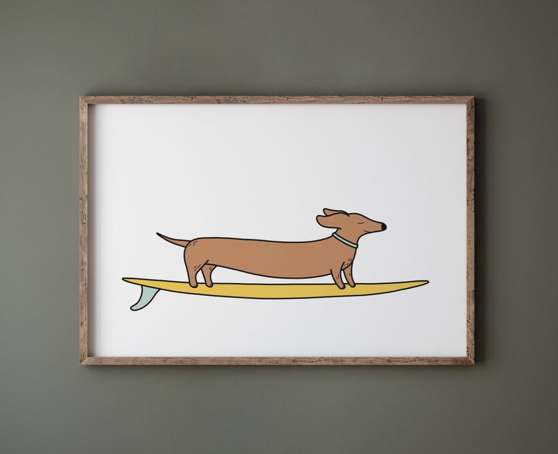 Wiener dog surfing, Funny animal poster, Colorful longboard art, Cartoon drawing, Nursery, Kids room decor, Beach wall art, DIGITAL DOWNLOAD image 3