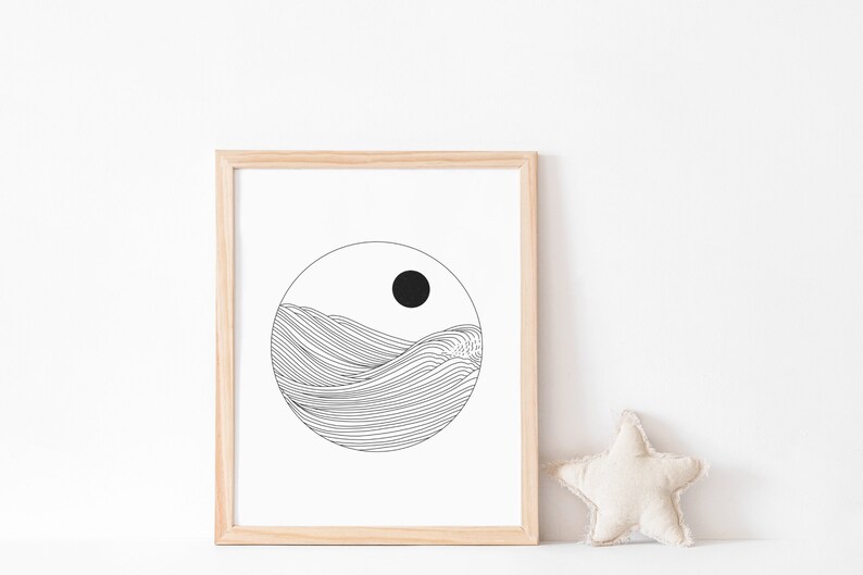 Sunset print Japanese ocean art poster, Seascape art, Simple line wave drawing, Boho wall decor, Beach house decor, DIGITAL DOWNLOAD image 5