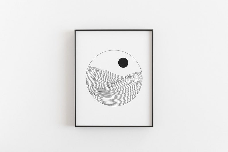 Sunset print Japanese ocean art poster, Seascape art, Simple line wave drawing, Boho wall decor, Beach house decor, DIGITAL DOWNLOAD image 3