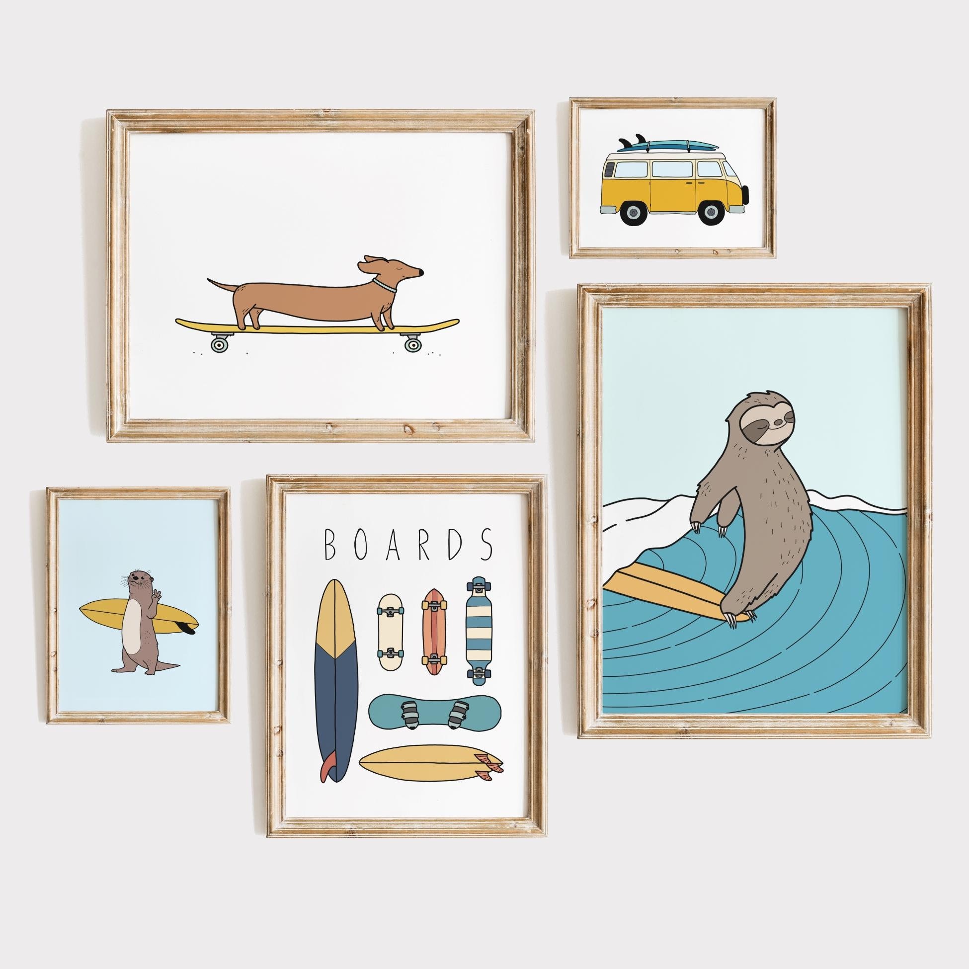 Kids room gallery set - Surfing animal artwork, Surf art wall set, Beach house decor, Surf boards, Sunset, Ocean, Surfer girl, MAILED PRINT