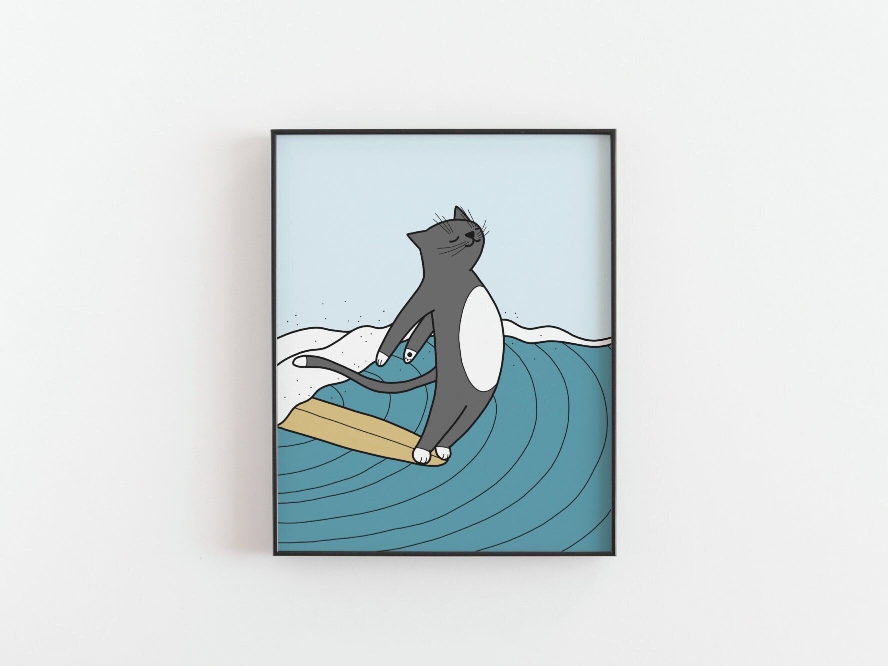 Surfing Cat Print Funny Animal Poster, Tuxedo Cat, Ocean Wave