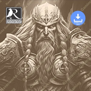May include: A black and white illustration of a warrior with a long beard and a crown. The warrior is wearing armor and has a serious expression on his face. The image is surrounded by a brown background with the text "Ravenworks Gaming" repeated multiple times.