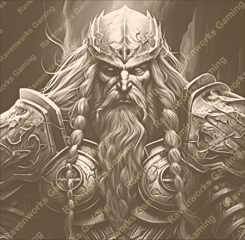 May include: A black and white illustration of a warrior with a long white beard and a crown. The warrior is wearing armor and has a serious expression on his face.