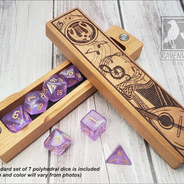 Bard-klasse dobbelsteenkluis | Handgemaakte gepersonaliseerde houten dobbelstenendoos voor DnD, D&D, tafelblad-RPG's en bordspellen.