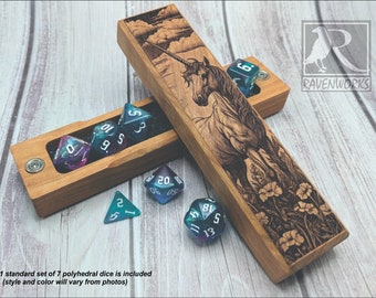 Magical Unicorn Dice Carrier | Personalized Wooden Dice Box | RPG Handcrafted Accessory for Tabletop RPGs and Board Games.