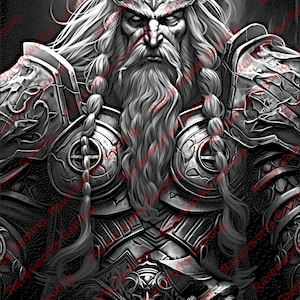 May include: A black and white illustration of a warrior with a long white beard and a horned helmet. The warrior is wearing armor and holding a sword. The background is dark and smoky.