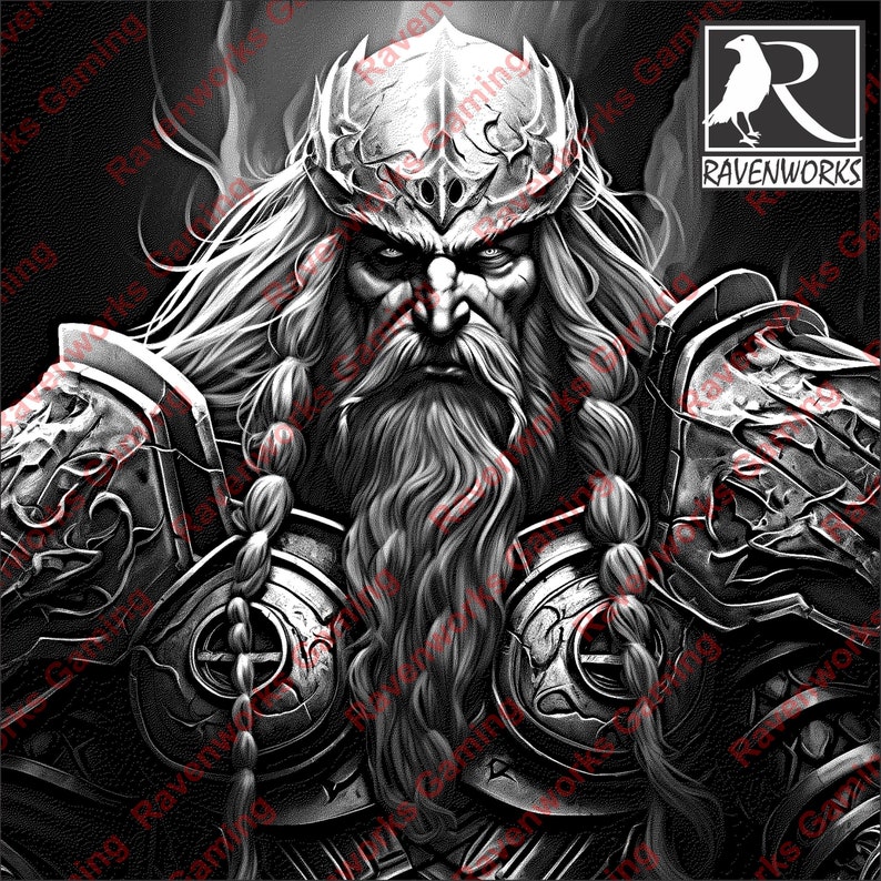 May include: A black and white illustration of a warrior with a long beard and a crown. The warrior is wearing armor and has a serious expression on his face. The image is from Ravenworks Gaming.