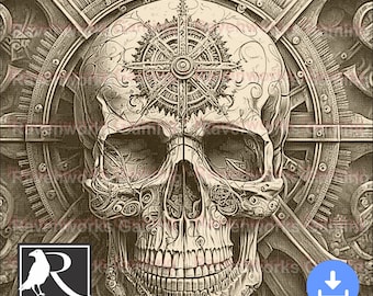 May include: A detailed illustration of a skull with a compass design on its forehead. The skull is surrounded by intricate gears and machinery, creating a steampunk aesthetic.