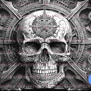 Może przedstawiać: Czarno-biała ilustracja cyfrowa czaszki z misternymi detalami. Czaszka jest otoczona okrągłym wzorem z kołami zębatymi i innymi elementami mechanicznymi. Czaszka ma na czole wz&oacute;r kompasu.
