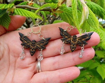 Gothic black and gold hawk moth earrings dangle earrings, rustic, polymer clay earrings, witchy earrings, witchy gifts, goblincore earrings
