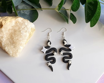Celestial black snake earrings, lightweight earrings, witchy earrings, quirky earrings, 925 sterling silver earrings, snake earrings, stars