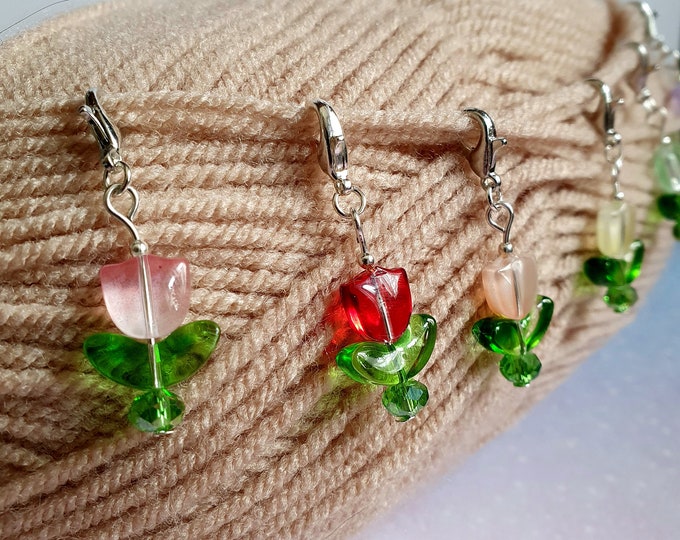 Tulip stitch markers, stitch savers, handmade stitch markers, glass beads, flower stitch markers, crochet gifts, crochet tools, gift for her