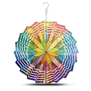 Rainbow Stained Glass Style 8 Inch Aluminum Wind Spinner With Glass Crystal Sun Catcher