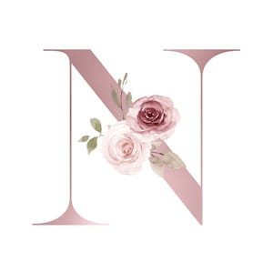 Letra N - Diseño de alfabeto floral rosa personalizado (descarga digital) - Imprimir arte de boda y guardería personalizado