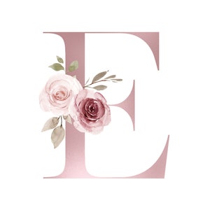 Letra E - Diseño de alfabeto floral rosa personalizado (descarga digital) - Imprimir arte de boda y guardería personalizado