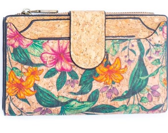 Women's wallet, large, colorful, vegan leather cork vintage, sustainable, animal welfare, environmental protection, many compartments, elegant, special, tropical flowers