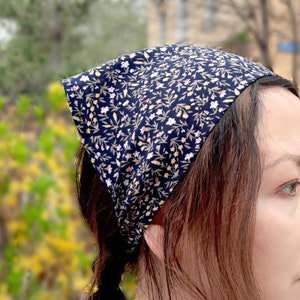 Cottagecore floral hair bandana, Triangle Navy hair kerchief