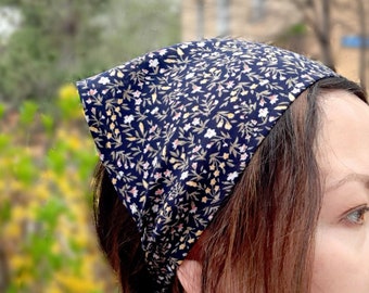 Cottagecore floral hair bandana, Triangle Navy hair kerchief