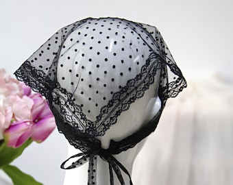 Black Tulle Lace Head Scarf: Cottagecore Hair Bandana