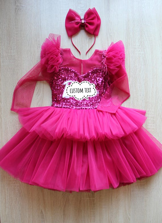 Personalized Fuchsia Sequin Tulle Birthday Dress: Removable Train, Long Sleeves