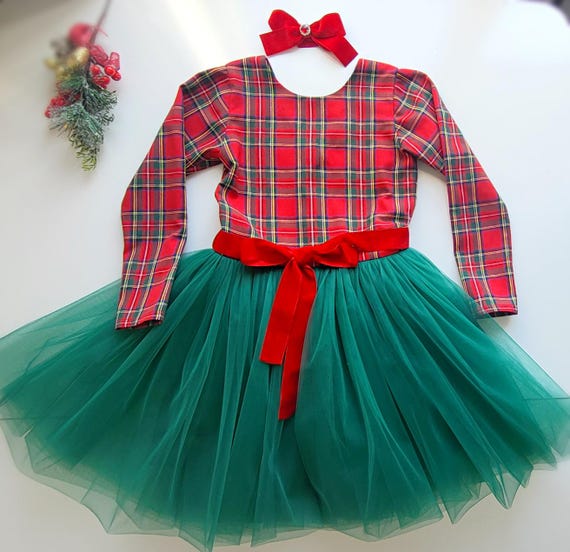 red and green tartan dress Christmas Dress, Plaid, Tulle Skirt, Velvet Bow Headband C1_Logo
