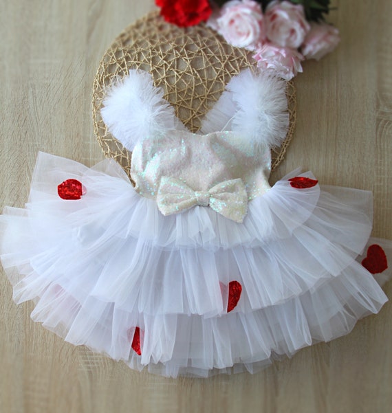 Valentine's Day Baby Romper: White Fluffy Cake Smash Dress with Red Hearts