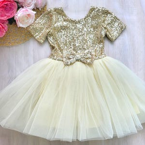 Girls Gold Sequin Tulle Dress: Christmas Sparkle Flower Girl Party Dress