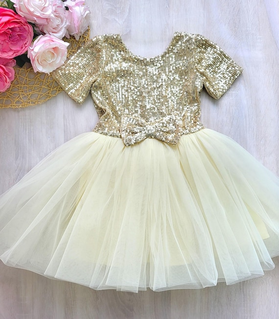 Girls Gold Sequin Tulle Dress: Christmas Sparkle Flower Girl Party Dress