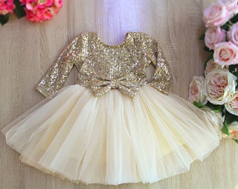 girl's Gold sequin Birthday party dress with sleeves, Flower girl dress, Gold sparkle tulle dress