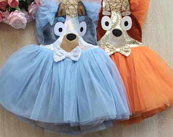 Cartoon Dog Halloween Party Dress, Blue Heeler Tulle Costume for Girls