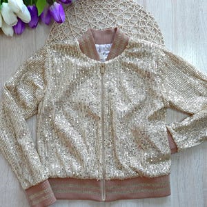 Girls Gold Sequin Bomber Jacket: Handmade Sparkle Coat