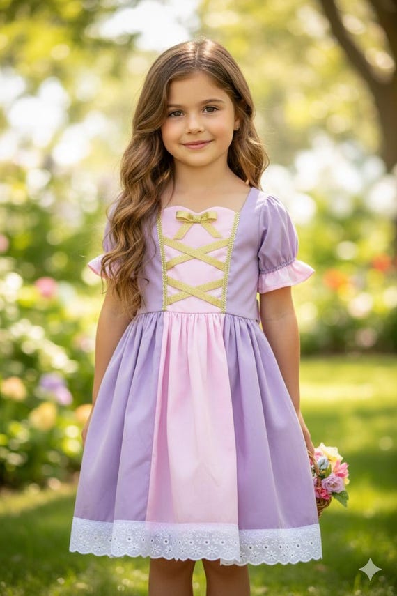 Lilac & Pink Cotton Princess Dress - Puff Sleeves, Lace Trim Lilac & Pink Cotton Princess Dress - Puff Sleeves, Lace Trim