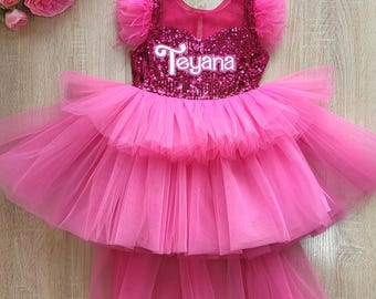Personalized Hot Pink Sequin Party Dress: Doll-Inspired Tulle Birthday Gown