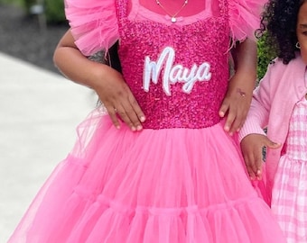 Personalized Hot Pink Sequin Birthday Dress: Tulle Skirt, Feather Sleeves
