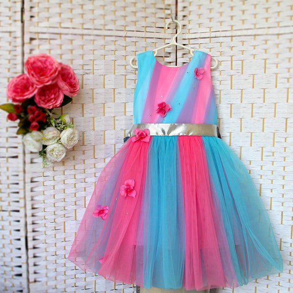 Girls Rainbow Pink blue party dress, Pinkie Pie Inspired tulle birthday party dress