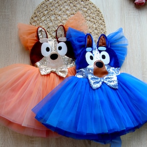 Orange- Blue Dog Toddler Birthday party dress,  Kids Blue  family charater heeler Dog costume , Girls Birthday party Funny Dog outfit