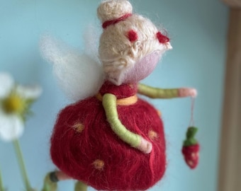 Felted strawberry girl, strawberry fairy, felted elf, angel as a souvenir, felt fairy in the garden, felted doll in Waldorf style