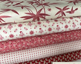 Moda cotton fabrics Rouenneries Trois by French General, red natural for sewing and patchwork for quilts, nostalgic fabric with flowers and bird