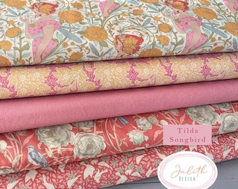 Tilda cotton fabrics Songbird for sewing, quilting and patchwork in Art Nouveau design, sold by the meter, coral
