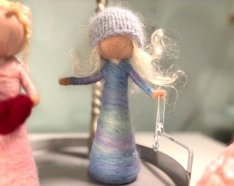 Felted elf, ice fairy, ice princess for the snow, felted doll in Waldorf style, ice crystal angel with knitted hat