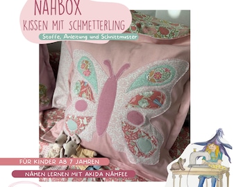 DIY sewing kit for children, sewing set with Tilda fabric "Songbird", pattern and child-friendly sewing instructions for the butterfly pillow