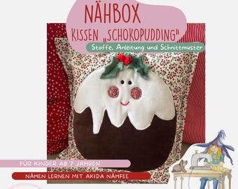 Sewing kit for children, chocolate pudding Christmas, DIY sewing kit with velour and cotton fabric, pattern and sewing instructions for Christmas cushions