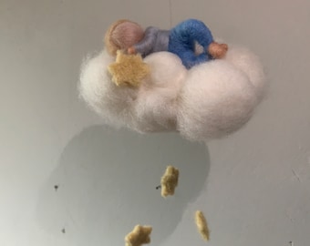 Star child on cloud, boy on cloud with star, needle felted, felt figure boy mobile