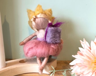 Felt birthday boy with crown and wool gift, hand-felted birthday girl