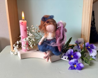 Blue felt figure for starting school, peg for a birthday ring, unique individually felted girl's gift for starting school