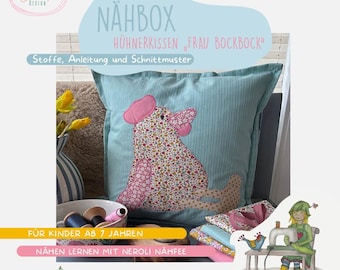 DIY sewing kit for children's pillow with hen woman "Bockbock", sewing kit with Tilda fabrics, pattern and child-friendly sewing instructions for the pillow