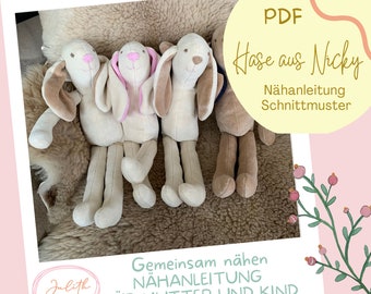 Sewing instructions & pattern for children together with moms or other adults, stuffed animal, "Bunny", PDF download, digital sewing pattern