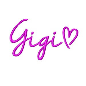 May include: Pink cursive text that reads "Gigi" with a pink heart symbol.