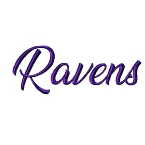 May include: The word "Ravens" in a cursive script, embroidered in a deep purple thread. The text is centered on a white background, with the letters slightly shadowed for a 3D effect. The design is simple and elegant.